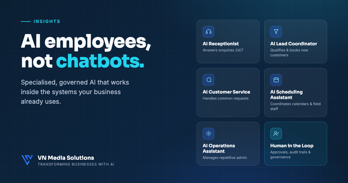 AI employees, not chatbots — a team of specialised AI roles (receptionist, lead coordinator, customer service, scheduling, operations) with human-in-the-loop governance